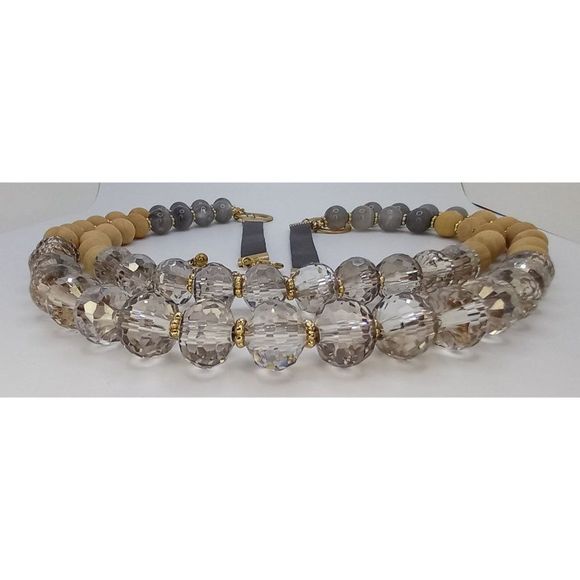 Natasha Necklace Faceted Glass Beads Quartz Like and Wood Beads Gold Tone - Picture 2 of 4